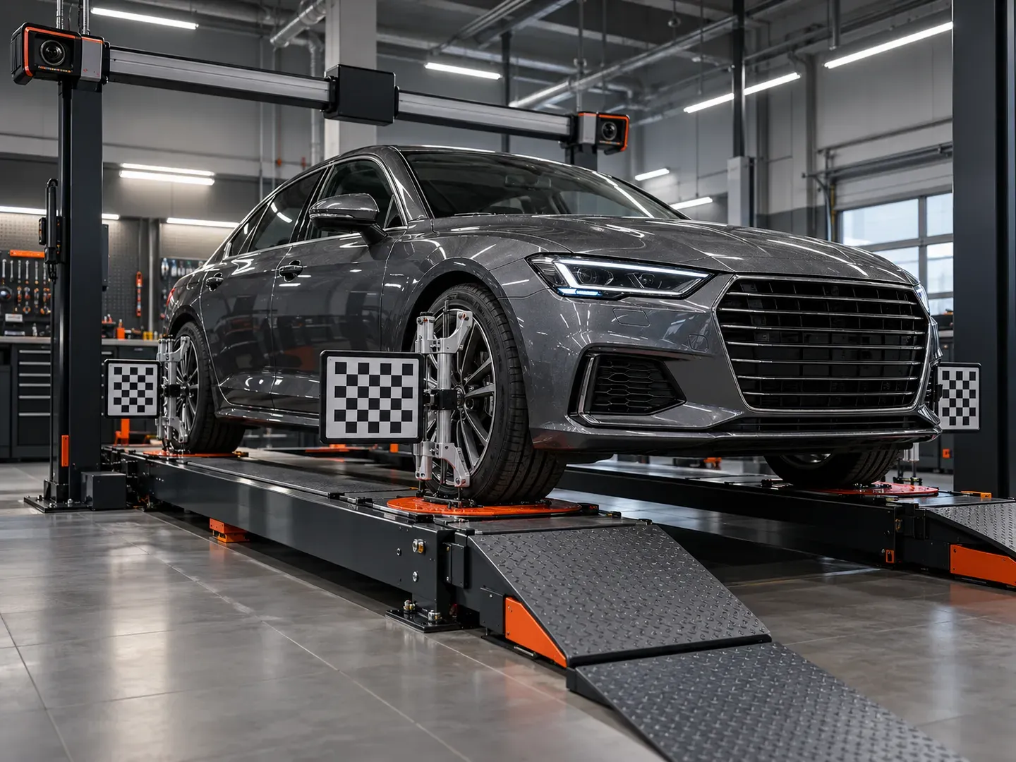 Автомобиль на 3D-стенде для измерения углов установки колёс — тематическая иллюстрация